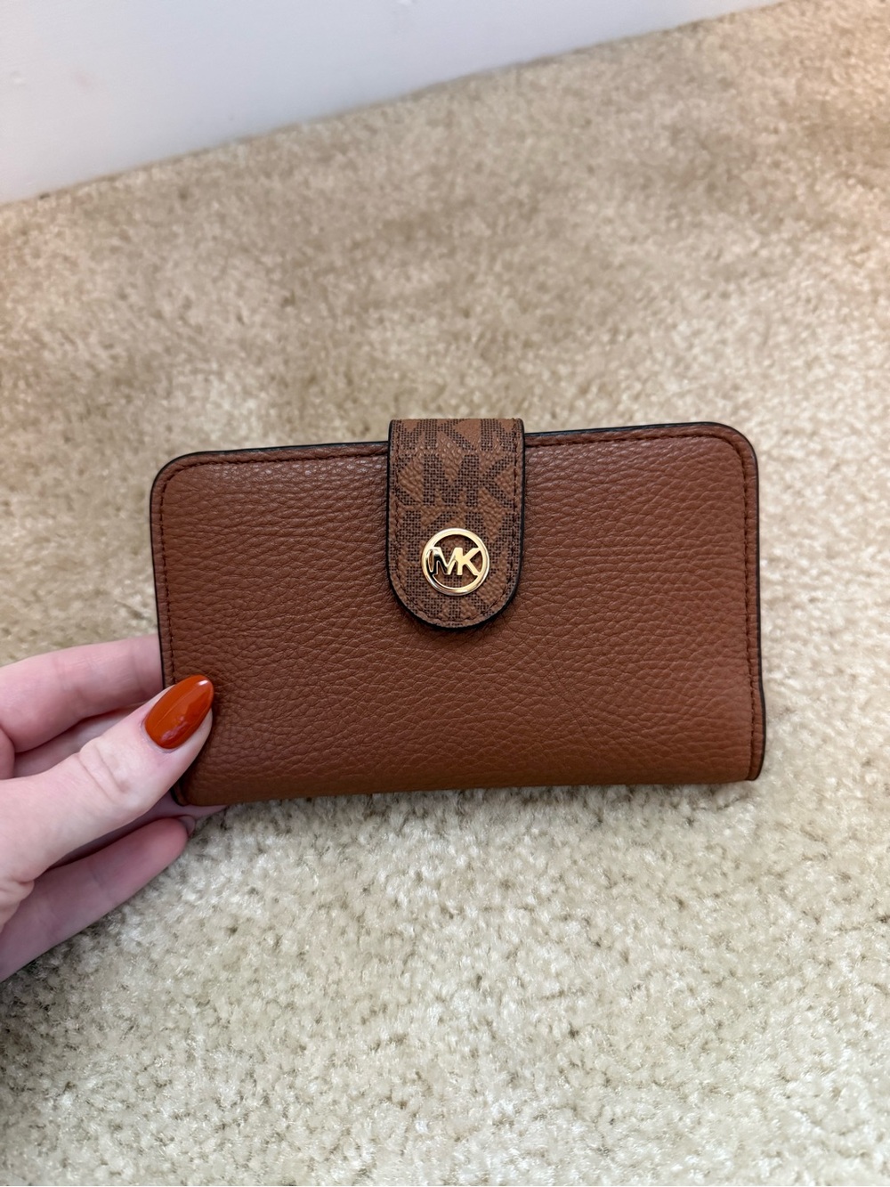 Michael Kors Cognac Pebbled Leather Wallet with MK Snap